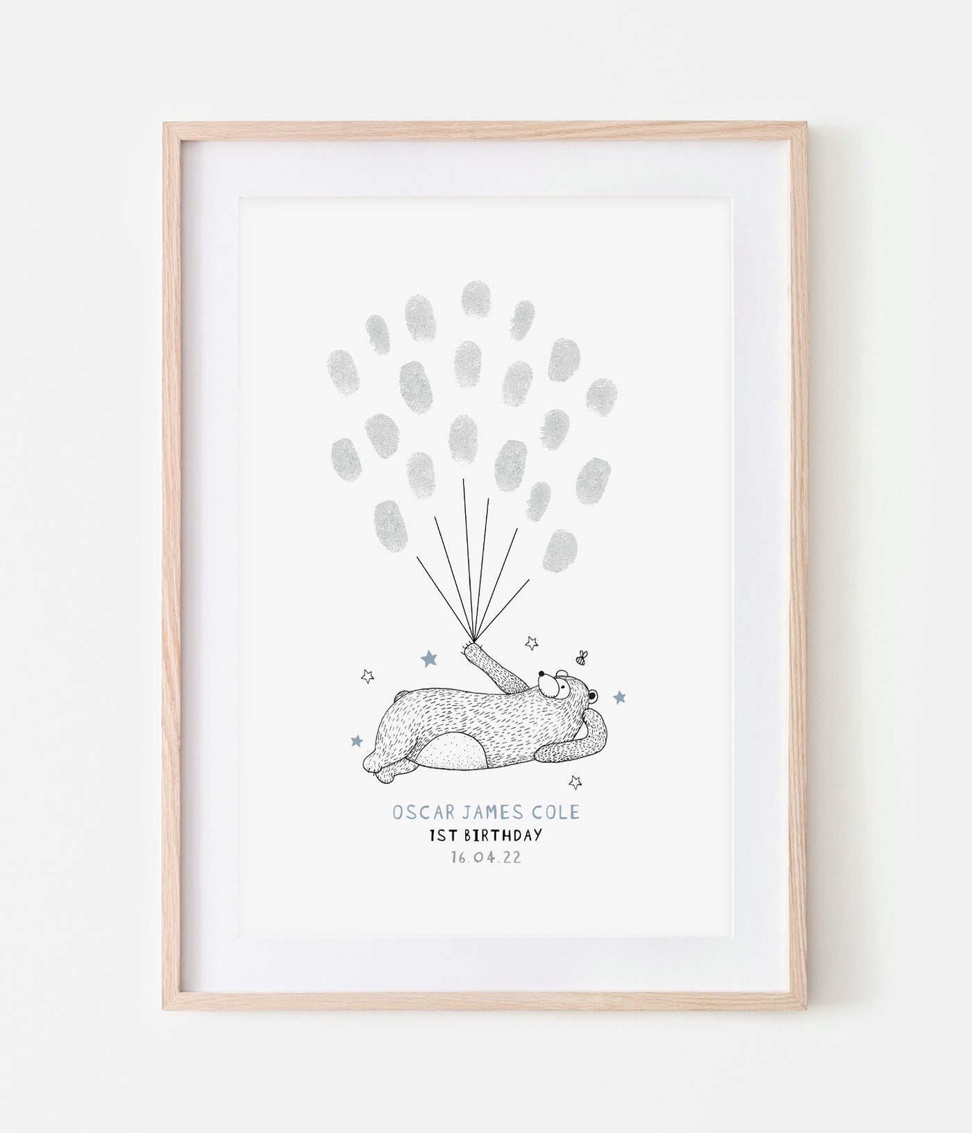 'Bear Christening Birthday Balloon' Fingerprint Personalised Keepsake