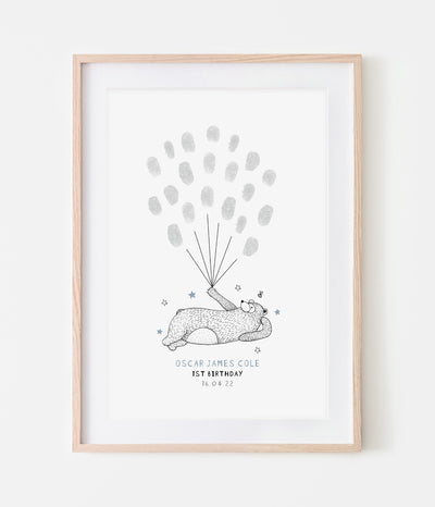 'Bear Christening Birthday Balloon' Fingerprint Personalised Keepsake